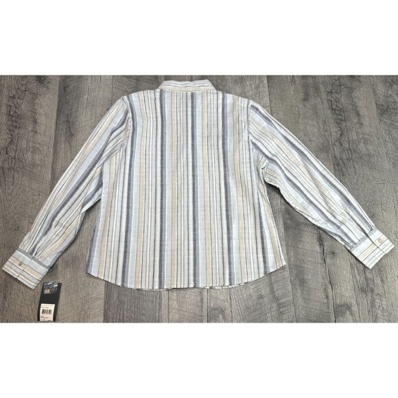 Relativity Shirt Womens Petite PM Blue Striped Pearl Button Up Stretch‎ Y2K NEW - Picture 3 of 8